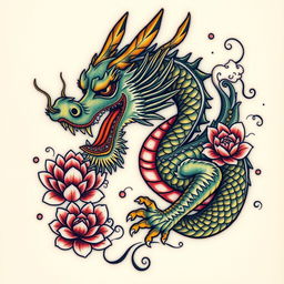 A striking Balinese dragon tattoo design featuring intricate patterns and vibrant detailing