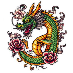 A striking Balinese dragon tattoo design featuring intricate patterns and vibrant detailing