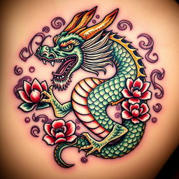 A striking Balinese dragon tattoo design featuring intricate patterns and vibrant detailing