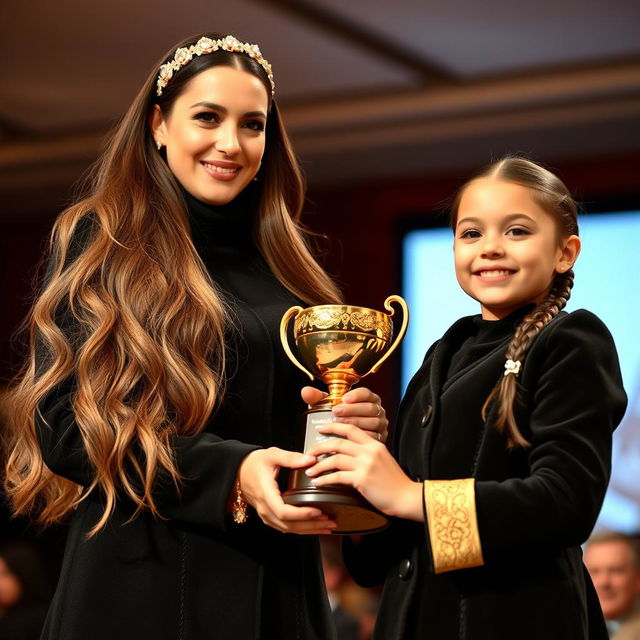 A heartwarming image of a mother and daughter, both with fair skin, standing proudly on a stage as they receive a golden trophy