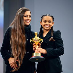 A heartwarming image of a mother and daughter, both with fair skin, standing proudly on a stage as they receive a golden trophy