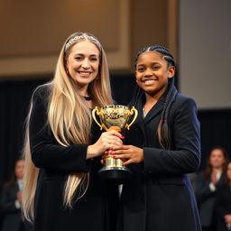 A heartwarming image of a mother and daughter, both with fair skin, standing proudly on a stage as they receive a golden trophy