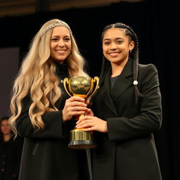 A heartwarming image of a mother and daughter, both with fair skin, standing proudly on a stage as they receive a golden trophy