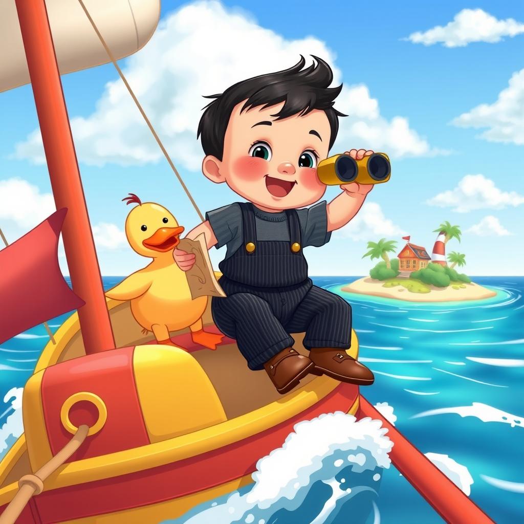 A cartoon image depicting a 10-month-old baby boy with thick black hair, wearing stylish black corduroy trousers and a gray t-shirt, complemented by adorable brown leather shoes