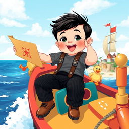 A cartoon image depicting a 10-month-old baby boy with thick black hair, wearing stylish black corduroy trousers and a gray t-shirt, complemented by adorable brown leather shoes