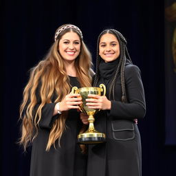 A proud scene of a mother and daughter, both with fair skin, standing on a stage to receive a golden trophy