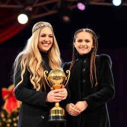 A proud scene of a mother and daughter, both with fair skin, standing on a stage to receive a golden trophy