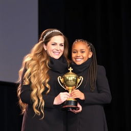 A proud scene of a mother and daughter, both with fair skin, standing on a stage to receive a golden trophy