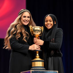 A proud scene of a mother and daughter, both with fair skin, standing on a stage to receive a golden trophy