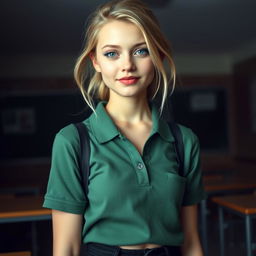 a young woman with fair skin, blonde hair, and slightly almond-shaped blue eyes, adorned with blue eyeshadow and red lipstick