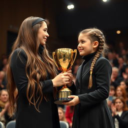 A scene of a mother and daughter with fair skin being honored with a golden trophy on a stage