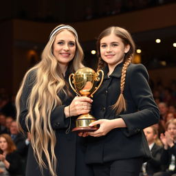 A scene of a mother and daughter with fair skin being honored with a golden trophy on a stage