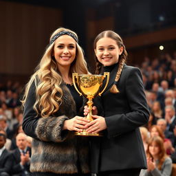 A scene of a mother and daughter with fair skin being honored with a golden trophy on a stage