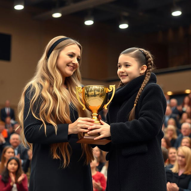 A scene of a mother and daughter with fair skin being honored with a golden trophy on a stage