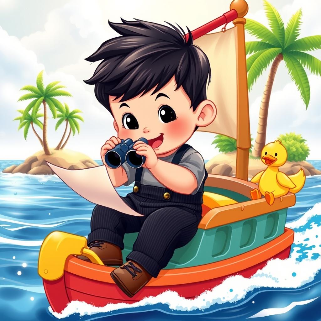 A cartoon image featuring a 10-month-old baby boy with thick black hair, dressed in stylish black corduroy trousers and a gray t-shirt, along with adorable brown leather shoes