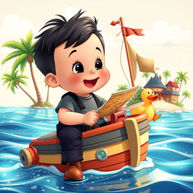 A cartoon image featuring a 10-month-old baby boy with thick black hair, dressed in stylish black corduroy trousers and a gray t-shirt, along with adorable brown leather shoes