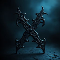 A stylized representation of a dark letter X, featuring intricate gothic designs and textures, with a shadowy ambiance and a hint of eerie glow