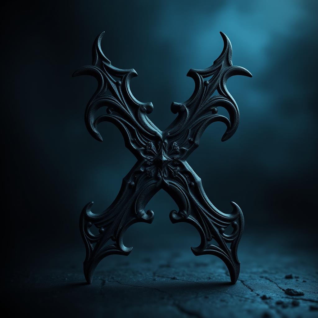 A stylized representation of a dark letter X, featuring intricate gothic designs and textures, with a shadowy ambiance and a hint of eerie glow