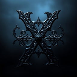 A stylized representation of a dark letter X, featuring intricate gothic designs and textures, with a shadowy ambiance and a hint of eerie glow