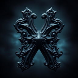 A stylized representation of a dark letter X, featuring intricate gothic designs and textures, with a shadowy ambiance and a hint of eerie glow