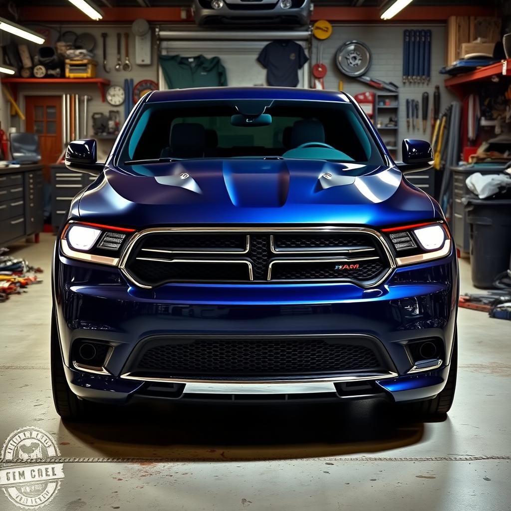 A modified 2023 Dodge Durango featuring a front end swap from a 2015 Ram 1500, showcasing the distinct grille and headlights of the Ram integrated into the sleek body of the Durango