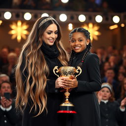 A scene of a mother and daughter with fair skin being honored with a golden trophy on a stage