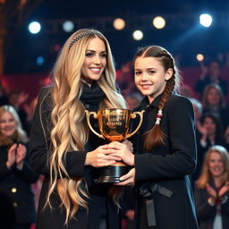 A scene of a mother and daughter with fair skin being honored with a golden trophy on a stage