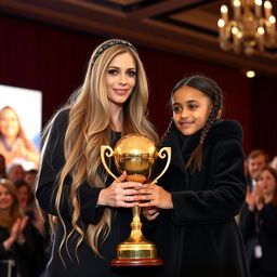 A scene of a mother and daughter with fair skin being honored with a golden trophy on a stage