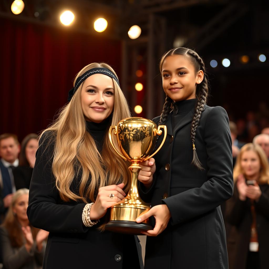 A scene of a mother and daughter with fair skin being honored with a golden trophy on a stage