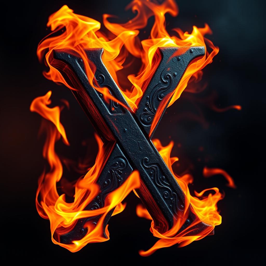 A dynamic representation of a dark letter X engulfed in vibrant flames, creating a powerful contrast between the shadowy letter and the bright, fiery hues