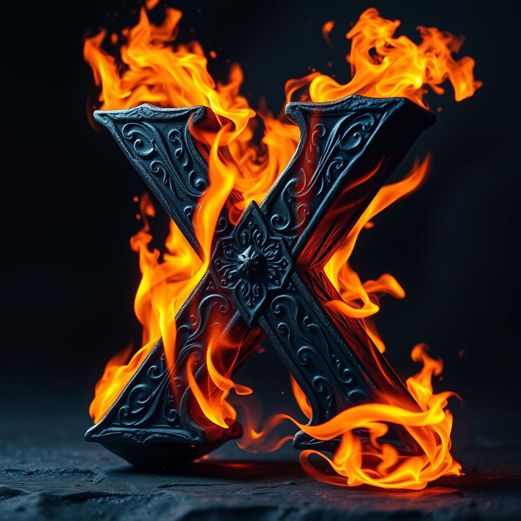 A dynamic representation of a dark letter X engulfed in vibrant flames, creating a powerful contrast between the shadowy letter and the bright, fiery hues