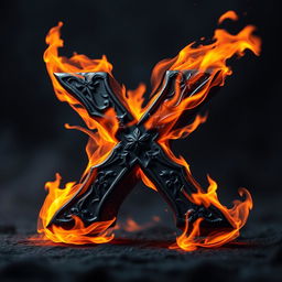 A dynamic representation of a dark letter X engulfed in vibrant flames, creating a powerful contrast between the shadowy letter and the bright, fiery hues