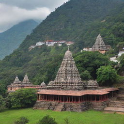 The mythical city of Kota Saranjana, nestled at the foot of a majestic mountain, with traditional architectural structures, ornate temples and lush greenery enveloping it.