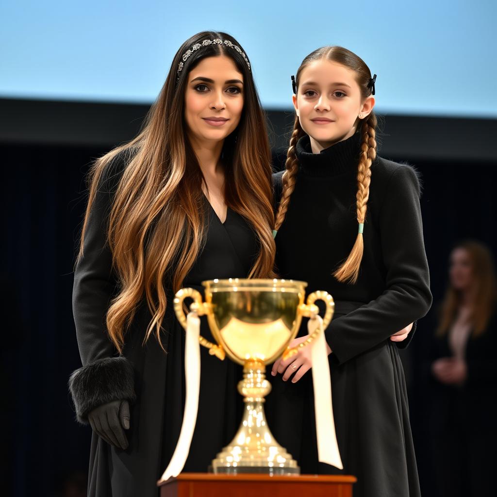 A scene depicting a mother and her daughter, both with fair skin, standing together on a stage during an award ceremony