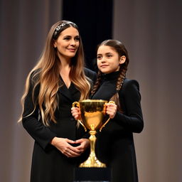 A scene depicting a mother and her daughter, both with fair skin, standing together on a stage during an award ceremony