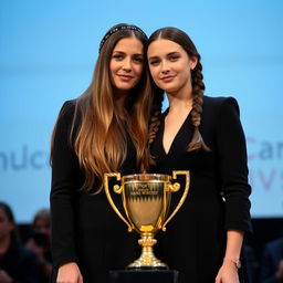 A scene depicting a mother and her daughter, both with fair skin, standing together on a stage during an award ceremony