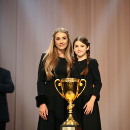 A scene depicting a mother and her daughter, both with fair skin, standing together on a stage during an award ceremony