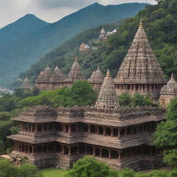 The mythical city of Kota Saranjana, nestled at the foot of a majestic mountain, with traditional architectural structures, ornate temples and lush greenery enveloping it.