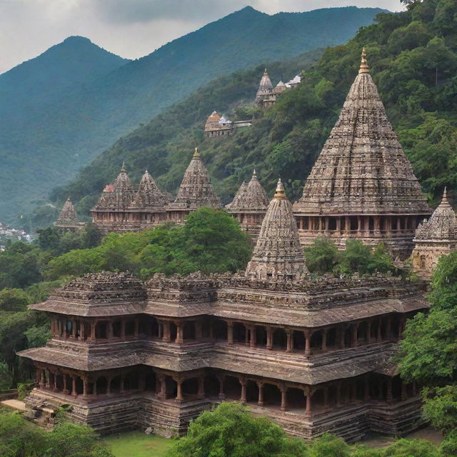 The mythical city of Kota Saranjana, nestled at the foot of a majestic mountain, with traditional architectural structures, ornate temples and lush greenery enveloping it.