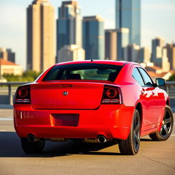 A sleek and modern 2006 Dodge Charger in vibrant red color, showcasing its sporty design with a well-defined body and striking features