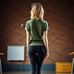 a young woman with fair skin and blonde hair, viewed from behind to showcase her small bottom and white flat Converse shoes