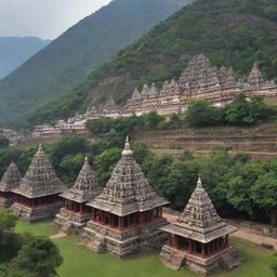 The mythical city of Kota Saranjana, nestled at the foot of a majestic mountain, with traditional architectural structures, ornate temples and lush greenery enveloping it.