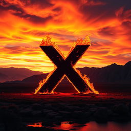 A striking landscape featuring a dark letter 'X' engulfed in vivid flames, set against a dramatic sunset sky filled with swirling clouds in oranges and purples