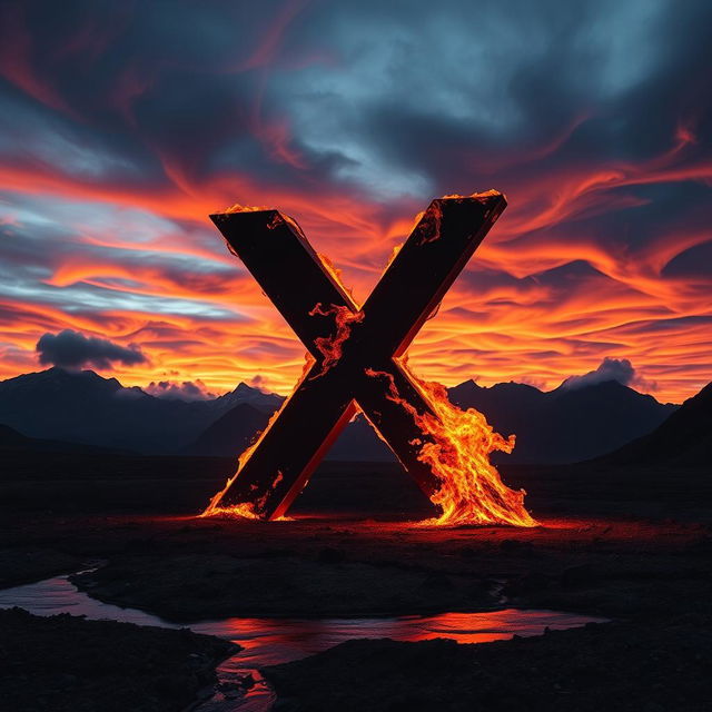 A striking landscape featuring a dark letter 'X' engulfed in vivid flames, set against a dramatic sunset sky filled with swirling clouds in oranges and purples