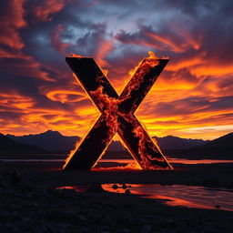 A striking landscape featuring a dark letter 'X' engulfed in vivid flames, set against a dramatic sunset sky filled with swirling clouds in oranges and purples