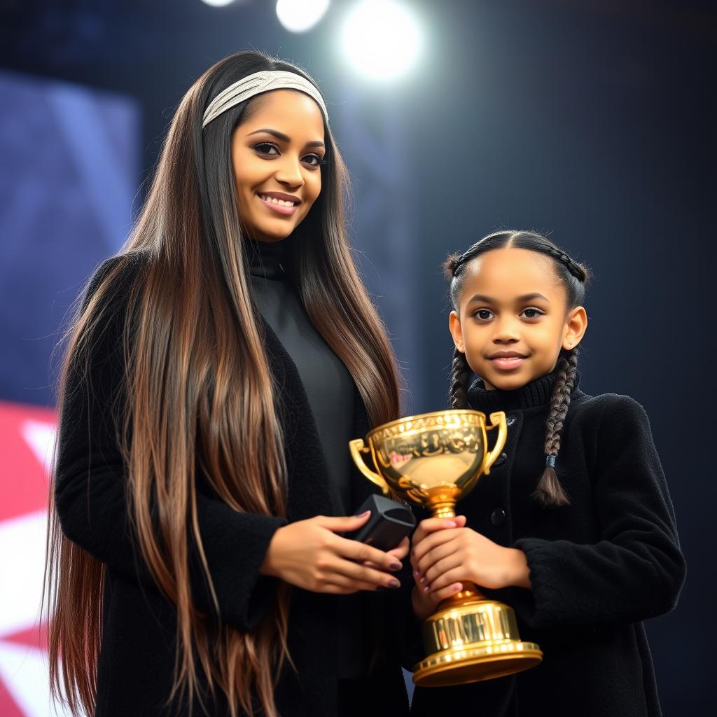 A touching scene of a mother and her daughter with fair skin, proudly standing on a stage during an award ceremony where they are being honored with a golden trophy