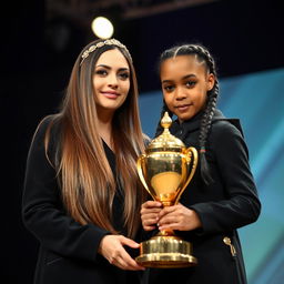 A touching scene of a mother and her daughter with fair skin, proudly standing on a stage during an award ceremony where they are being honored with a golden trophy