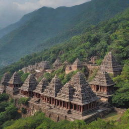 The mythical city of Kota Saranjana, nestled at the foot of a majestic mountain, with traditional architectural structures, ornate temples and lush greenery enveloping it.