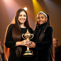 A touching scene of a mother and her daughter with fair skin, proudly standing on a stage during an award ceremony where they are being honored with a golden trophy