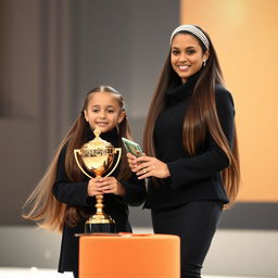 A touching scene of a mother and her daughter with fair skin, proudly standing on a stage during an award ceremony where they are being honored with a golden trophy